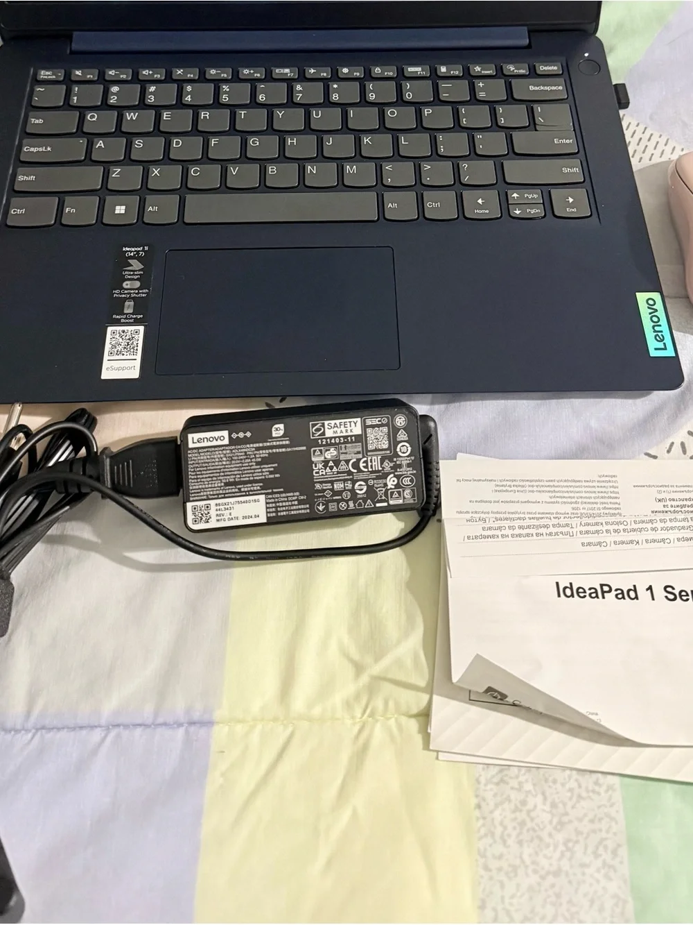 Lenovo Navy Blue Laptop with Charger and Pink Mouse